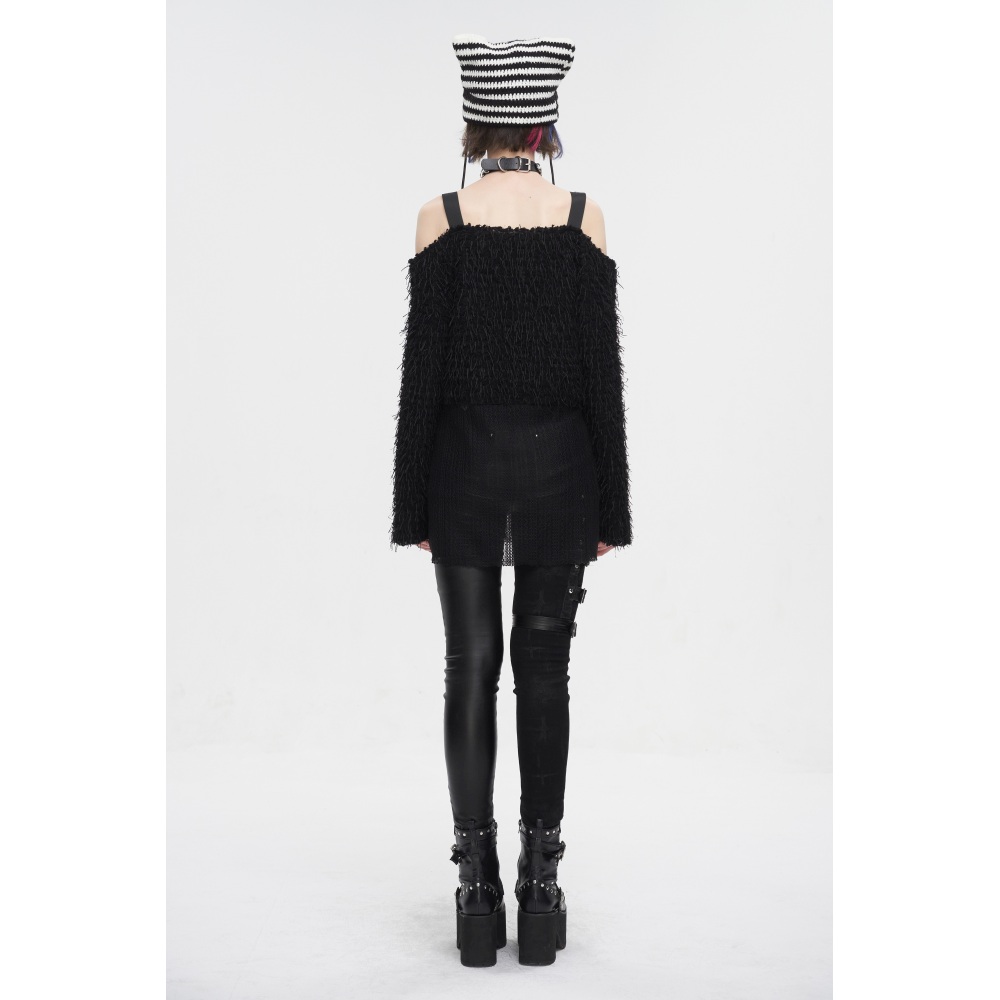 Devil Fashion - Plush mesh offtheshoulder short sweater with chain Sweater - Black